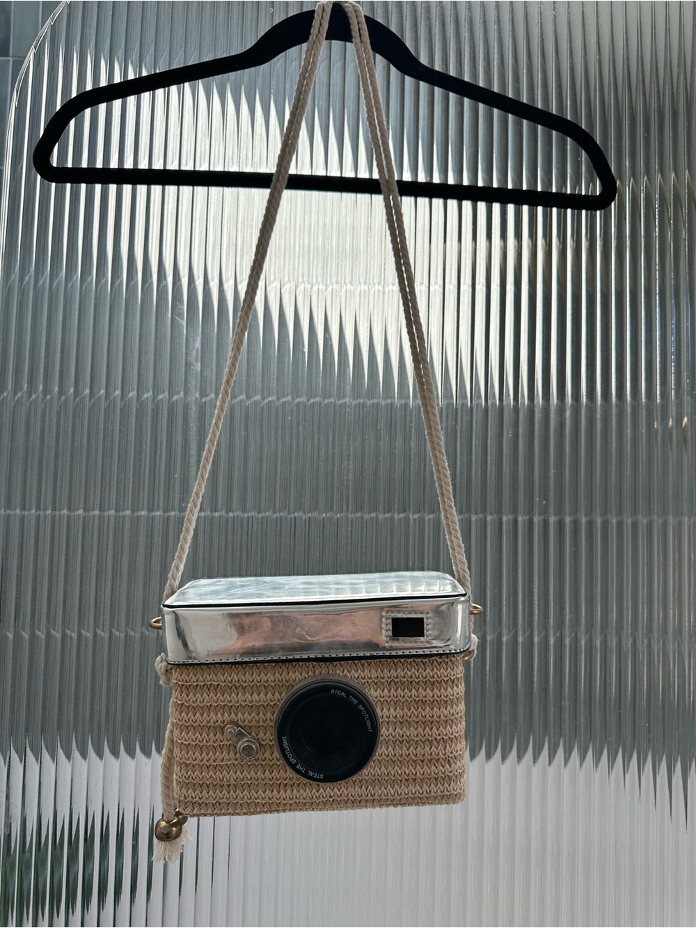 Woven camera shaped Crossbody Bag with Silver Accent